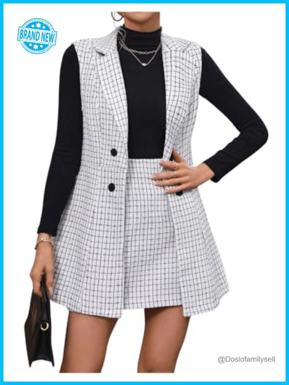 Womens 2 Piece Plaid Print Vest Blazer and Skirt Set Workwear Business Casual